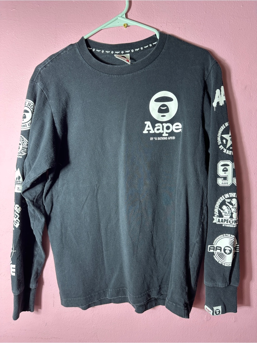 Bape Aape Black Long Sleeve Logo Tee with Sleeve Graphics